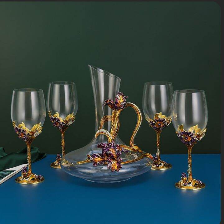 cw-enamel-colored-lead-free-wine-glass-decanter-set-golden-green-high-end-cup-luxury-goblet-wedding