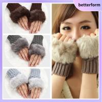 BETTERFORM Warm Sheep Wool Knitted Exposed Finger Wrist Gloves Couples Fingerless Mittens Faux Rabbit Fur