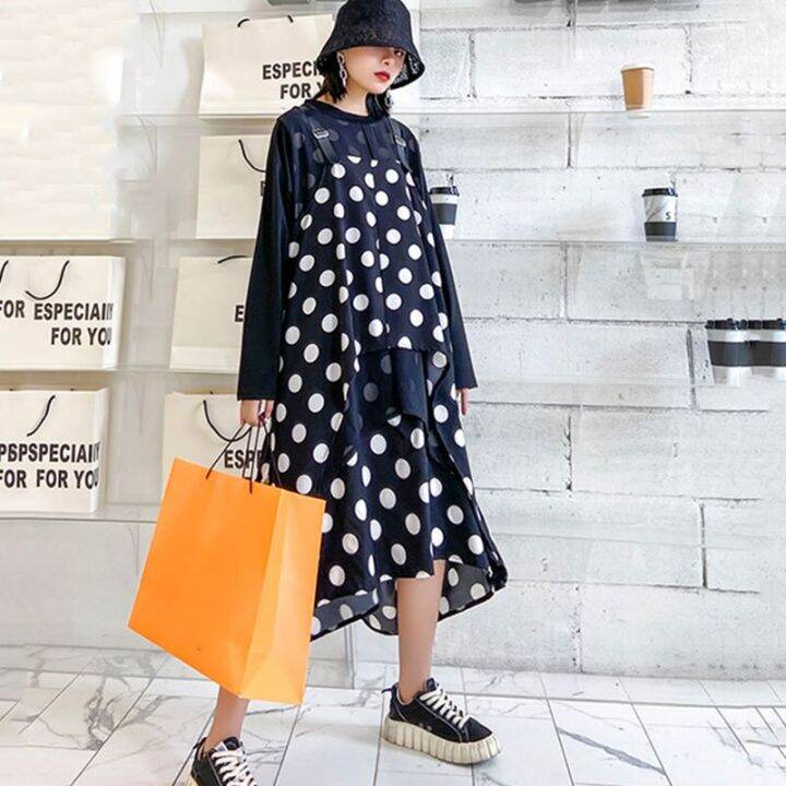 xitao-dress-black-long-sleeve-dot-irregular-patchwork-dress