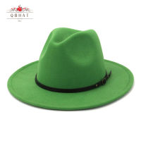 QBHAT ผู้หญิงผู้ชายอังกฤษย้อนยุคแจ๊สรู้สึกหมวกปีกกว้างขนสัตว์ Faux Fedora หมวกด้วยเข็มขัดหัวเข็มขัด T Rilby ปานามาหมวกสีเขียว