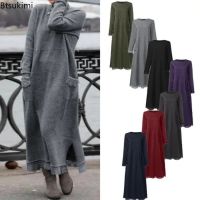 【YF】 Autumn Winter Womens Retro Vintage Dress Long Sleeve Casual Soft Knitted Maxi Oversized 4XL 5XL Vestidos De Mujer