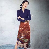 【CW】Women Chinese Style R Print Skirt Fashion Brown Qipao Dress Elegant Lady High Waist Cheongsam Hanfu Skirts Oriental Clothing