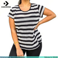 USED Converse - Black Striped Eyelet Mesh Top | เสื้อแขนสั้นสีดำ สีขาว ลายทาง เสื้อแขนสั้น เสื้อตาข่าย เสื้อกีฬา สายฝอ แท้ มือสอง