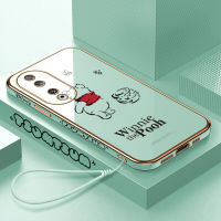 เคสสำหรับ Honor เคสโทรศัพท์90 5G 90 Lite 5G ฟรีสายคล้องลายการ์ตูนน่ารักวินนี่ช้อนส้อมมีดหมีพูห์หมีพูขอบสี่เหลี่ยมปลอกชุบเคสโทรศัพท์ชุบหรูหราชุบเคสโทรศัพท์นิ่ม