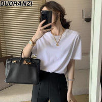 LA: DUOHANZI  เสื้อแฟชั่นผู้หญิง แขนสั้น สไตล์เกาหลี เสื้อยืดผู้หญิง ใส่สบาย สวมใส่สบาย เสื้อยืดแขนสั้นสีพื้น [เก็บเงินปลายทาง]