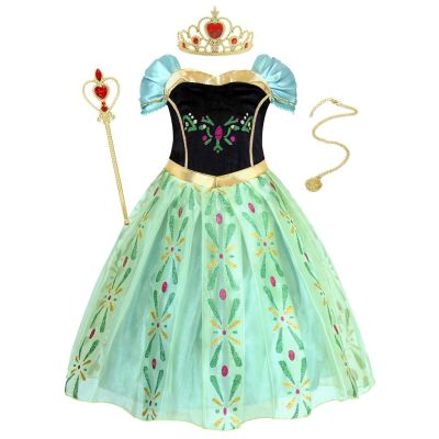 Christmas Girl Princess Anna Dress Birthday Party Dress with Crown Party Dress
