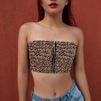 【cw】 European and American y Digital Printing Leopard Zipper Short Vest Navel-Exposed Stage Performance Inner Wear Small Boob Tube Top