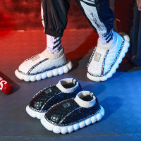 Winter Men Women Slippers PU Thick Platform Fur Waterproof Home Outdoor Shoes Indoor Warm Cotton Alphabet Slippers