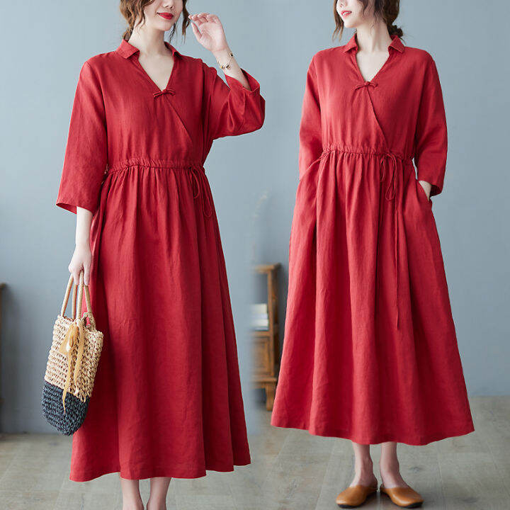 new-arrival-cotton-linen-half-sleeve-fashion-women-casual-midi-spring-summer-dress-draw-string-office-lady-work-dress