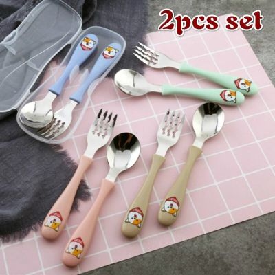 2pcs/box Cartoon Dinnerware Travel Cutlery Set Spoon Fork Kids Baby Children Dinner Set Xmas Gift Portable Children Flatware Flatware Sets