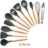 QTCF-Silicone Kitchen Utensils Set 11-pcs Wooden Cooking Utensils With Holder Ladle Spoons Shovel Spatula Set Kitchen Appliances Set