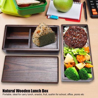 Natural Wooden Lunch Box Double Layer Rectangle Food Container for Picnic Sushi Bento
