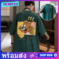 FAWORK เสื้อยืดคู่ลายการ์ตูนอะนิเมะ,เสื้อยืดแขนสั้นผู้ชายสไตล์ฮ่องกงง่ายและอเนกประสงค์แขนห้าส่วนเทรนด์เสื้อยืดแบบหลวมผู้ชาย