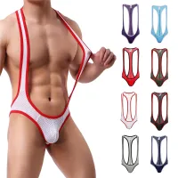 【CC】♙  Men Bodysuit Split Hollow Decoration Color Block Clothing Hole In The Back