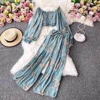 COD DSFERTGERRYYY Ladies Clothing Street Style Fashion Suit Autumn Square Neck Floral Chiffon Shirt Short Navel Top High-waist Wide-leg Trousers Two-piece Suit