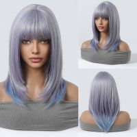 Purple Blue Ombre Cosplay Synthetic Wigs Short Bob Straight Lolita Halloween Hair Wig with Bangs for Women Heat Resistant