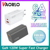 VAORLO 120W GaN แท้ USB ชาร์จเร็ว + PD 2พอร์ตอะแดปเตอร์เครื่องชาร์จชาร์จเร็วสำหรับ Huawei Xiaomi Samsung ยุโรปสหรัฐสหราชอาณาจักร