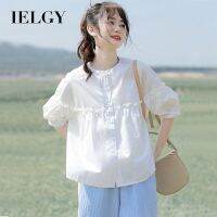 IELGY เสื้อเบลาส์ดีไซน์ฝรั่งเศส,เสื้อเบลาส์คอกลมฤดูร้อนเข้ากับทุกชุดเสื้อเชิ้ตแขนกลางหวาน