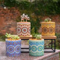 Mandala Ceramics Plant Flower Pot Colorful Geometric Printing Round Succulents Bonsai Planter with Tray Home Office Garden Decor