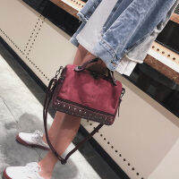 Vintage Nubuck Leather Ladies Handbags Rivet Larger Women Bags Hair Ball Shoulder Bag Motorcycle Messenger Bag Top-Handle Bag