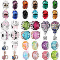 2022ใหม่สีสัน zircon ลูกปัดแก้ว Pave บอลลูนสีชมพู Charm Fit Original สร้อยข้อมือเงินผู้หญิง jewelr Gift