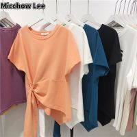 Micchow Lee เสื้อยืดผู้หญิงแบบไม่สม่ำเสมอแฟชั่นสีทึบแขนสั้นเสื้อคอกลมเทรนด์เกาหลีสำหรับผู้หญิงเสื้อยืดแบบหลวม