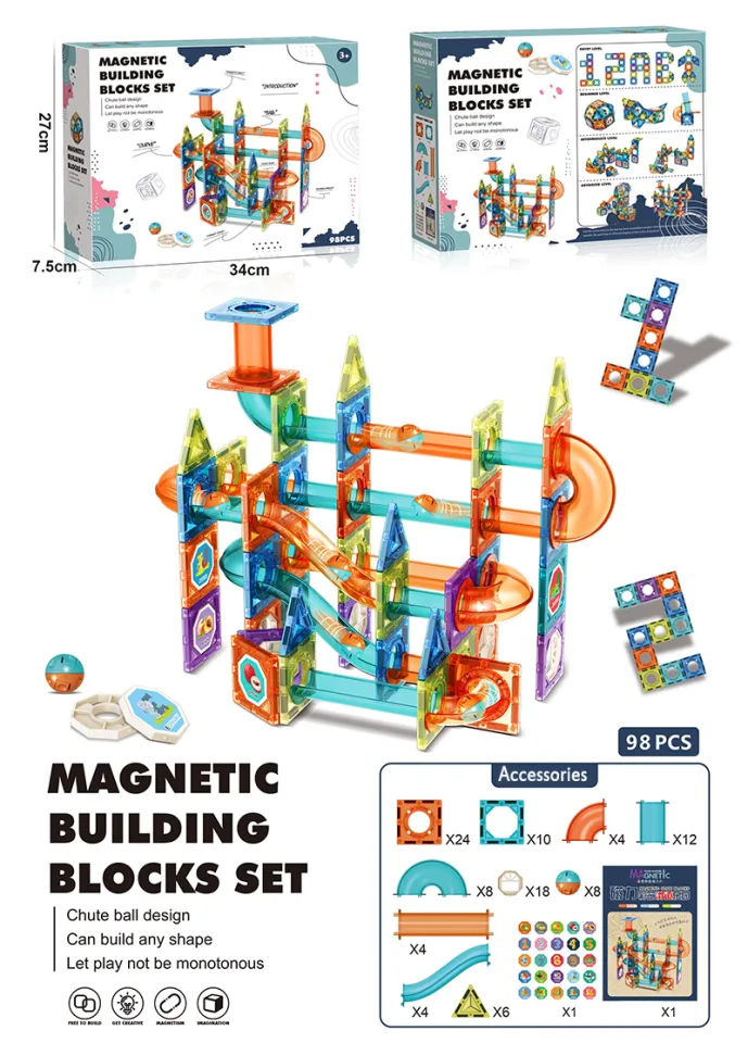 Ready Stock】98pcs Marble Run Magnetic Tiles, Large 3D Magnet