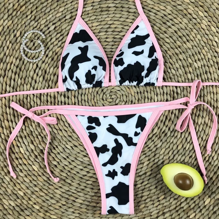 Two Piece Cow Print Swimsuit Bikini With Cowhide Pattern Th