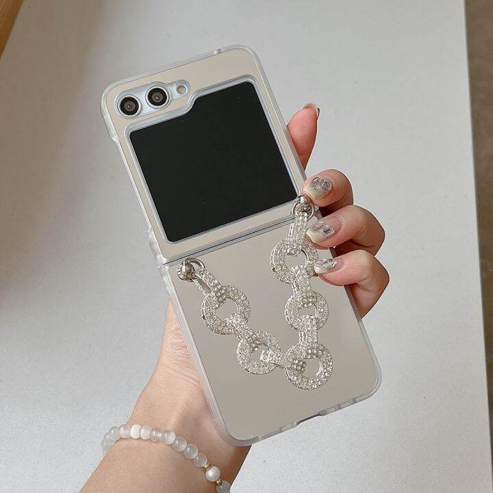 shine-electron-เคสโทรศัพท์สร้อยข้อมือไข่มุกแฟชั่นเงินเพชรเทียมสำหรับ-samsung-galaxy-z-z-flip-5-4-3ฝาพับกระจกแต่งหน้าแบบแข็ง