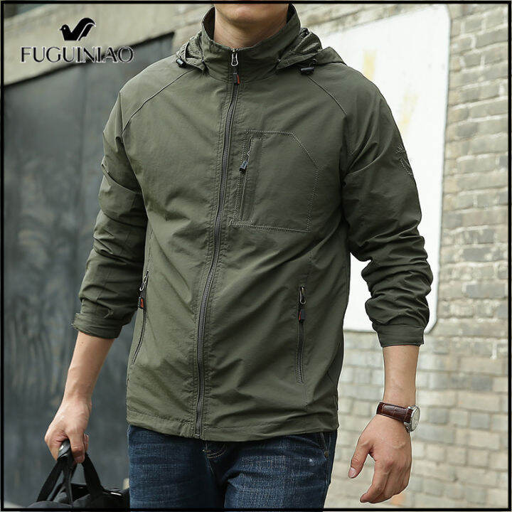 rlfuguiniao-เสื้อแจ็คเก็ตมีฮู้ดผู้ชาย-แจ็คเก็ตกันน้ำเปลือก