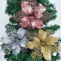 (3pcs/pack) 23cm width big Artificial Christmas Tree Flower Glitter Decorations Xmas Ornaments New Year Gift