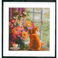 Gold Collection Counted Cross Stitch Kit Summer Afternoon Windowsill Bouquet kitten Cat Tea