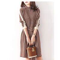 Vestido Feminino Manga Comprida De Malha Houndstooth Vestido Bandagem Vestidos Elegantes Moda Vestono Inverno Novo Novo