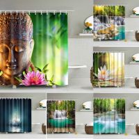 【hot】﹍❀◐  Rural Landscape Creek Stone Buddha Shower Curtain Frabic Polyester Bathtub