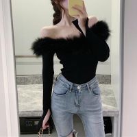 [facialbeauty] Women Casual Long Sleeve Knitted Tops Fashion Solid Color Furry Boat Neck Pullover Knitwear V728