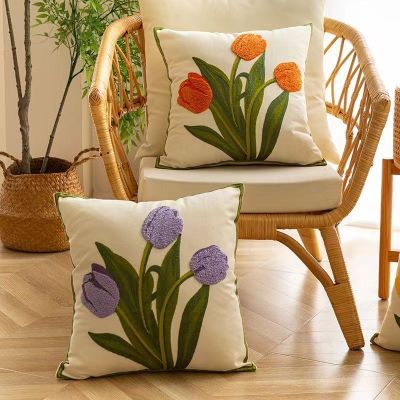 Tulip Orchid Embroidered Cushion Cover Wild Floral Pillow Cover 45*45 Soft Canvas Home Decor Cushion Cover Living Room Bedroom Homestay