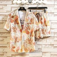 Ready Stock?? Foreign Trade 2023 Summer Mens Short-sleeved Beach Shirt Set Fashion Printing Loose Color Set Delivery