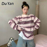 Du Yan เสื้อสเวตเตอร์ยาวปานกลางลายทางลำลองทรงหลวมสำหรับฤดูใบไม้ร่วง