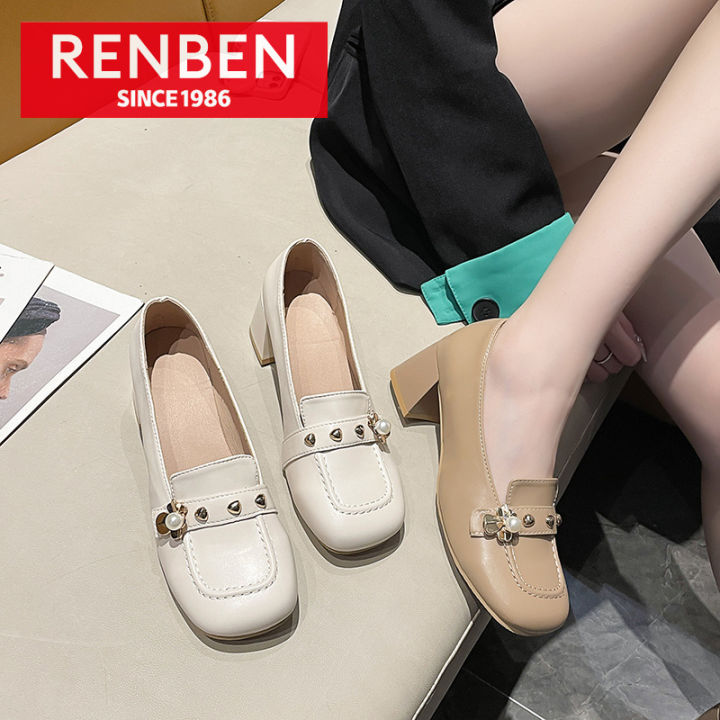renben-รองเท้าส้นหนาสำหรับผู้หญิง-รองเท้าส้นสูงทรงสี่เหลี่ยมขนาดกลางของฝรั่งเศสใส่หลอดไฟหน้ารองเท้าส้นสูงสไตล์นางฟ้าส้นสูงทรงสี่เหลี่ยม