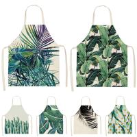 1pc Reen Leaf Pattern Cleaning Art Aprons for Woman Home Cooking Kitchen Apron Cook Ear Cotton Linen Adult Bibs 68x55cm