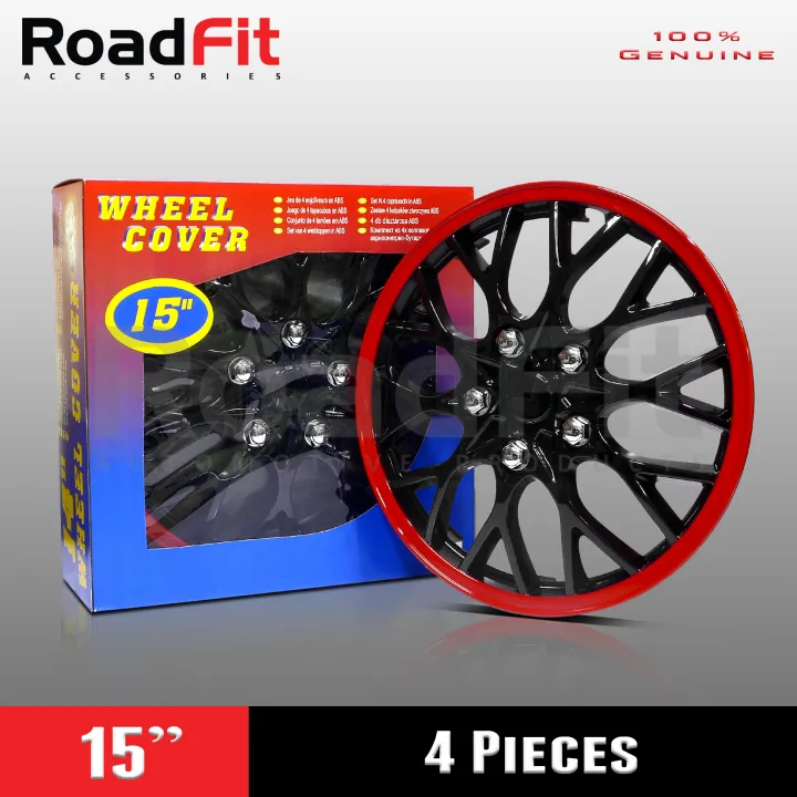 ABS Wheel Rim Cover, 15 Inches, Black/Red, Retention Ring, 4 Pieces PN