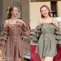 J16152 เดรสสั้นระบายแขน+อก ลายดอก มีเชือกผูกเอว Short dress with ruffled sleeves, floral pattern, and a drawstring waist