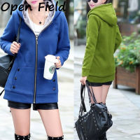 Field Women Hooded Coat Sweatshirt ขนแกะเรียงรายแจ็คเก็ตหนาอบอุ่นขนาดใหญ่สีทึบซิป Cardigan