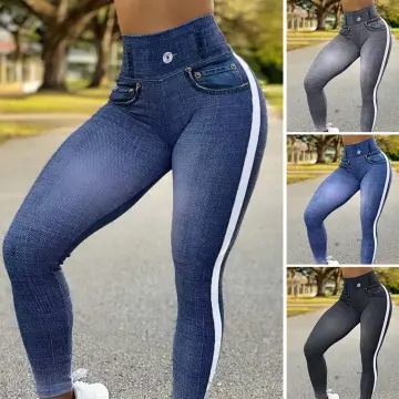 Women High Waist Imitation Distressed Denim Jeans Leggings Slim Elastic  Yoga Pencil Pants Tigth Pants Dark Grey/Red/Blue 