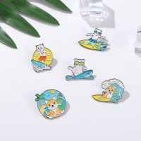 Surfing Cat Dog Enamel Pins Corgi Shark Sea Beach Custom Brooches Badge Lapel Metal Pin Backpack Gift Friends Jewelry Wholesale