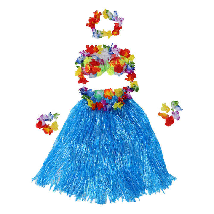 6-set-hawaiian-grass-skirt-flower-hula-lei-wristband-garland-fancy-dress-costume