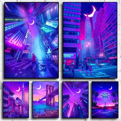 Neon Cyberpunk Future City Moon Little Luna โปสเตอร์ Aesthetic Anime Girl Dreams ผ้าใบพิมพ์ Wall Art Office Kawaii Room Decor