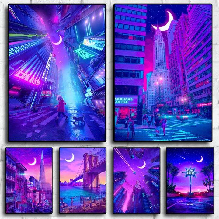 neon-cyberpunk-future-city-moon-little-luna-โปสเตอร์-aesthetic-anime-girl-dreams-ผ้าใบพิมพ์-wall-art-office-kawaii-room-decor