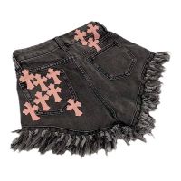 High Quality Chrome Heart Cross High Waist Fringed Denim Shorts 2023 New Niche