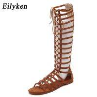 Eilyken ผู้หญิง Sals เปิดปลายเท้าเข่าสูงฤดูร้อน Gladiator Flat Sals โรมันขนาดรองเท้าบูทแบบลำลอง35-41